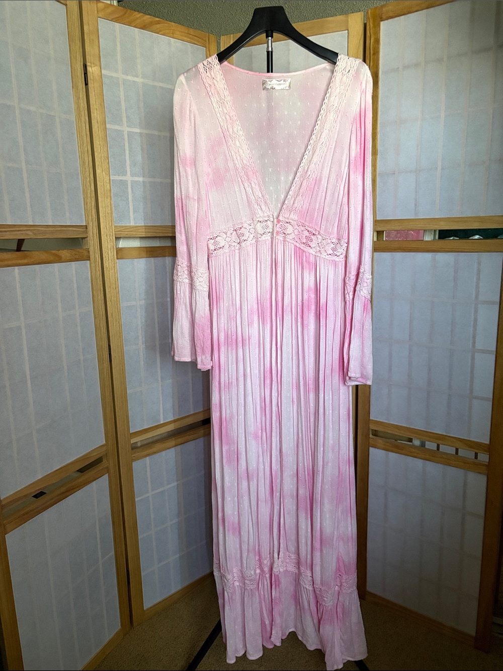 Band of Gypsies Pink Tie-Dye Lace-Trim Maxi Duster Sz S
